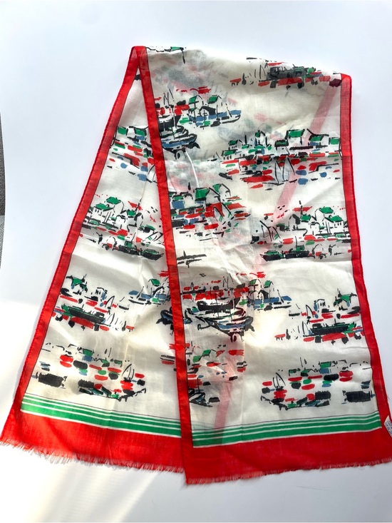 Accessories - Vintage Harbor Print Lightweight Scarf Red Trim Coastal Chic